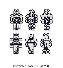 Abstracts black and white sci fi pixel art characters low poly pixel art icons set.  Video game character, fantastic creatures, Design for logo, sticker and mobile app. Isolated vector illustration. 