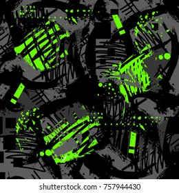 Abstracts seamless grunge urban pattern with shabby silhouette textured track, brush, spray paint ink, geometric elements. Modern repeated backdrop for textile, sport clothes, wrapping paper. 