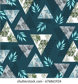 Abstract,vintage summer pattern with tropical palm leaves and textured triangles. Triangle with grunge halftone textures. Geometric background in 80s 90s pop art style. Vector illustration.