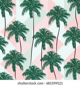 Abstract,vintage Summer Pattern With Tropical Palm Trees And Geometric Background In 80s 90s Pop Art Style.For Textile,texture,prints,wallpaper,t-shirt Design. Vector Illustration.