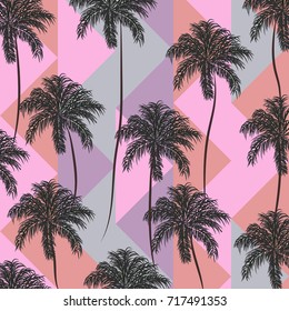 Abstract,vintage summer pattern with tropical palm trees and retro geometric background in 80s 90s pop art style.For textile,texture,fabric,prints,wallpaper,t-shirt design. Vector illustration.