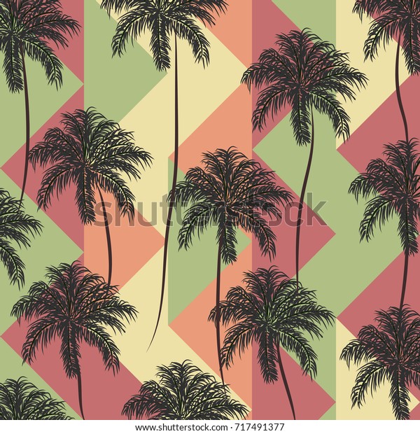 80年代のポップアートスタイルで 熱帯のヤシの木とレトロな幾何学的な背景を持つ抽象的なビンテージ夏のパターン 織物 テクスチャー プリント 壁紙 デコール Tシャツのデザイン ベクターイラスト のベクター画像素材 ロイヤリティフリー