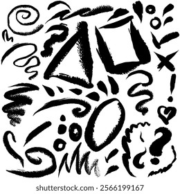 Abstrakt brush elements.  Circles,  zigzag doodles, triangle, square, oval, question mark, Hand draw with texture. Vector, isolated.