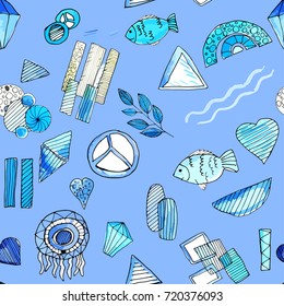 Abstrakt vector seamless pattern watercolor hand drawn elements blue colors