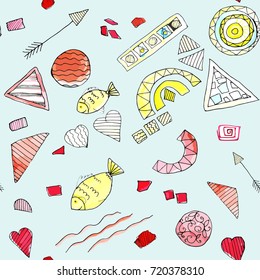 Abstrakt vector seamless pattern watercolor hand drawn elements fish food