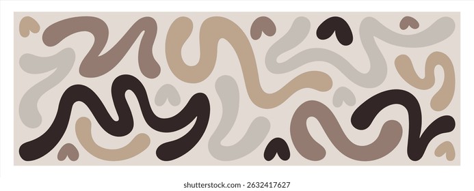  Abstrakte Illustration. Flüssige organische Form Kleckse, Herzen. Schnörkel, wellige Doodle-Streifen in einem Rechteck-Banner eingeschrieben. Fette handgezeichnete Linien