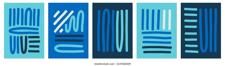 Abstrast aqua blue and navy wall art design. Hand-drawn straight and curved lines vector graphic on solid color background for spa salon modern nautical decoration.