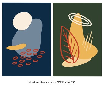 Forma abstracta y juego de afiches florales y modernos. Líneas dibujadas a mano e impresión gráfica de forma orgánica. Resumen Diseño de arte vegetal para impresión, portada, fondo de pantalla, medios sociales. Ilustración vectorial.