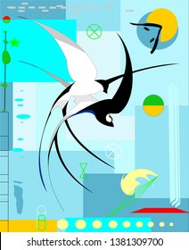 abstrat light blue background , two swallows in acrobatic flight