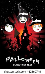 abstrcat black twinkle star background with spooky house, witch faces