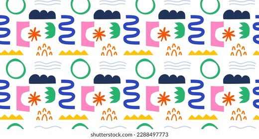 Abstrcat geometric shapes seamless pattern. Colorful organic doodles.Funny random simple forms background in cutout style. Flat Contemporary texture design vector illustration