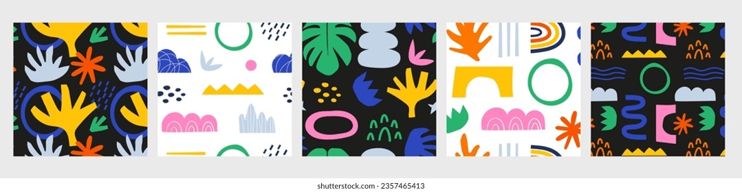 Abstrcat organic shapes, doodles seamless pattern big set. Funny random simple forms background in cutout style. Flat Contemporary texture design vector illustration