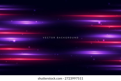 Viga abstracta púrpura y rojo Horizontal con efecto de luz sobre fondo oscuro. Velocidad de Tecnología, red de datos, fibra de comunicación. Ilustración vectorial