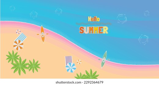 Abstrct Hello Summer topview beach sea wave wind daylight banner design. Vector illustration.