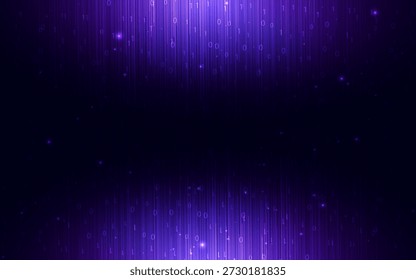 Linhas abstratas verticais roxas com efeito de luz sobre fundo escuro. Fluxo de código binário, 0, 1 fundo de tecnologia de dados digitais. Ilustração vetorial