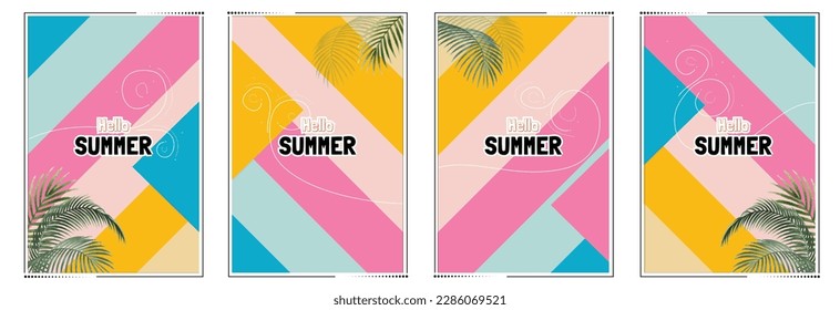 Abstrct Summer theme colour blue yellow pink diagonal striped banner white curve line palm leaves poster cover design. Vector illustration.