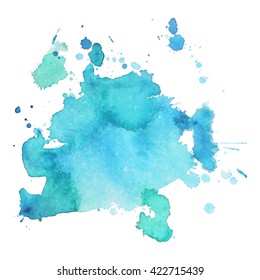 Abstrct watercolor spot with droplets, smudges, stains, splashes. Bright aquamarine blue color blot in grunge style. To design and decor backgrounds, banners, flyers.