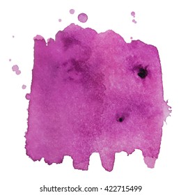 Abstrct watercolor spot with droplets, smudges, stains, splashes. Brigh tpink color blot in grunge style. To design and decor backgrounds, banners, flyers.