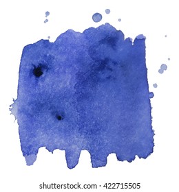 Abstrct watercolor spot with droplets, smudges, stains, splashes. Bright blue color blot in grunge style. To design and decor backgrounds, banners, flyers.