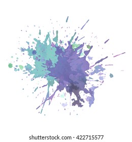 Abstrct watercolor spot with droplets, smudges, stains, splashes. Light violet green color blot in grunge style. To design and decor backgrounds, banners, flyers.