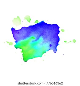 Abstrct watercolor spot with droplets, smudges, stains, splashes. Bright aquamarine blue color blot in grunge style. To design and decor backgrounds, banners, flyers.