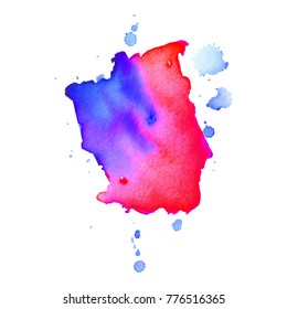 Abstrct watercolor spot with droplets, smudges, stains, splashes. Bright aquamarine blue color blot in grunge style. To design and decor backgrounds, banners, flyers.