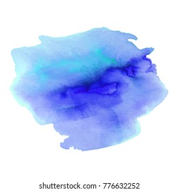 Abstrct watercolor spot with droplets, smudges, stains, splashes. Bright aquamarine blue color blot in grunge style. To design and decor backgrounds, banners, flyers.