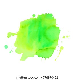 Abstrct watercolor spot with droplets, smudges, stains, splashes. Bright green color blot in grunge style. To design and decor backgrounds, banners, flyers.
