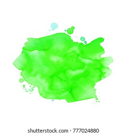 Abstrct watercolor spot with droplets, smudges, stains, splashes. Bright green color blot in grunge style. To design and decor backgrounds, banners, flyers.