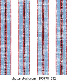 Abstreact vertical on thin, bold stripes blue, white, red stripes, linen textures effect seamless pattern on white background.