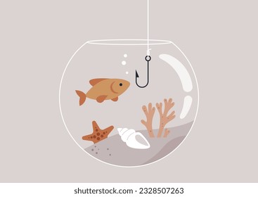 Absurd fishing concept, A round fish tank with corals and sea shells inside, a gullible goldfish curious about a metal hook