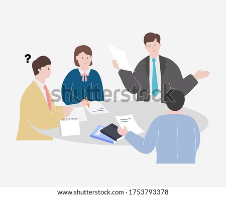 absurd presentation illustration set. incomprehensible, projector, meeting, group Vector drawing. Hand drawn style.