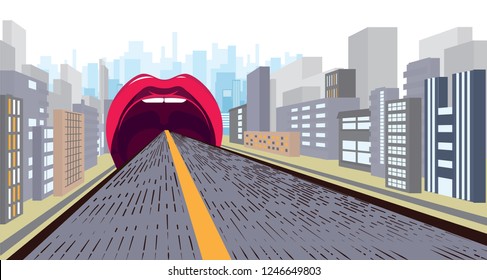 absurd, a road that narrows in perspective and goes into the mouth with pink lips. Against the background of the city and buildings. Pop art, kitsch. vector.