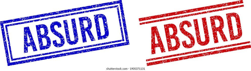 ABSURD rubber overlays with grunge texture. Vectors designed with double lines, in blue and red colors. Word placed inside double rectangle frame and parallel lines.