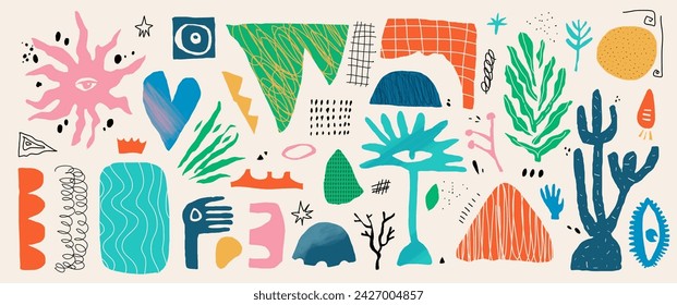 Abtract doodle shapes. Scribble graphic elements with trendy textures. Kit geometric and organic illustration for collage. Hand drawn and cutout forms set