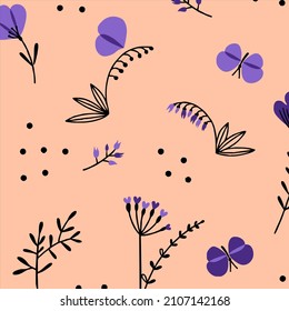 Abtstract Leaf and Butterfly Peach Pattern
