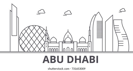 Abu Dhabi architecture line skyline illustration. Linear vector cityscape with famous landmarks, city sights, design icons. Landscape wtih editable strokes