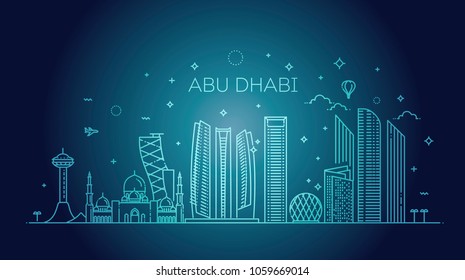 Abu Dhabi city line art Vector illustration with all famous buildings. Cityscape.