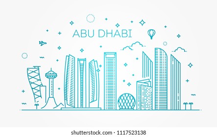 Abu Dhabi city line art Vector illustration with all famous buildings. Cityscape.