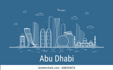Abu Dhabi city line art Vector illustration with all famous buildings. Cityscape.