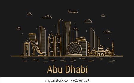 Abu Dhabi city line art, golden architecture vector illustration, skyline city, all famous buildings.