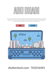 Abu Dhabi city poster with famous architectural attractions in open suitcase. Worldwide traveling and time to travel vector. Abu Dhabi landmarks, middle east touristic tour concept in linear style.
