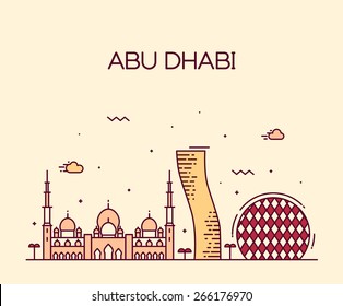 Abu Dhabi City skyline detailed silhouette. Trendy vector illustration, line art style.