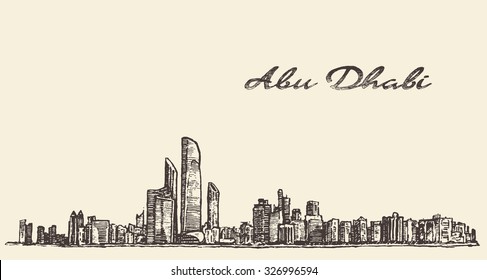 Abu Dhabi City skyline detailed silhouette, vintage engraved illustration, hand drawn