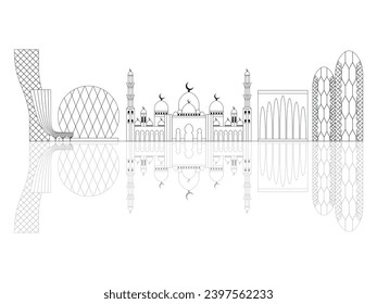 Abu Dhabi city skyline line art web banner. Monochrome cityscape illustration with popular UAE landmarks, attractions, modern and traditional Arab architecture of United Arab Emirates capital.