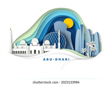 Abu Dhabi city, United Arab Emirates, vector illustration in paper art style. Grand Mosque, world famous landmarks and tourist attractions in Abu Dhabi. Global travel.