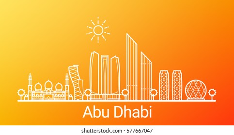 Abu Dhabi city white line on colorful background. All Abu Dhabi buildings - customizable objects with opacity mask, so you can simple change composition and background. Line art.