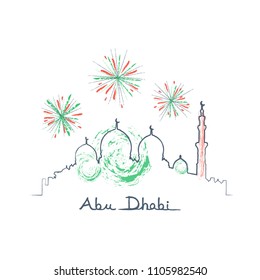 Abu Dhabi cityscape and fireworks in the sky vector illustration uae flag colors
