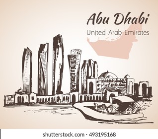 Abu Dhabi cityscape sketch - UAE. Isolated on white background. United Arab Emirates