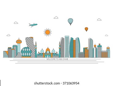 Abu Dhabi detailed skyline. Travel and tourism background. Vector background. line illustration. Line art style